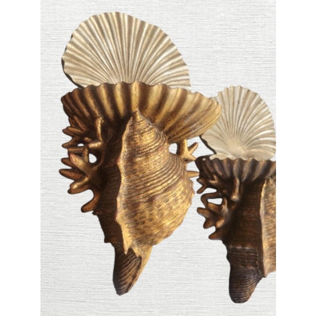 Maison Jansen Vintage Coastal Regency Large Sea Clam Conch Shell Form Gold Silver Wall Sconce Shelf Brackets- A Pair For Sale - Image 4 of 8