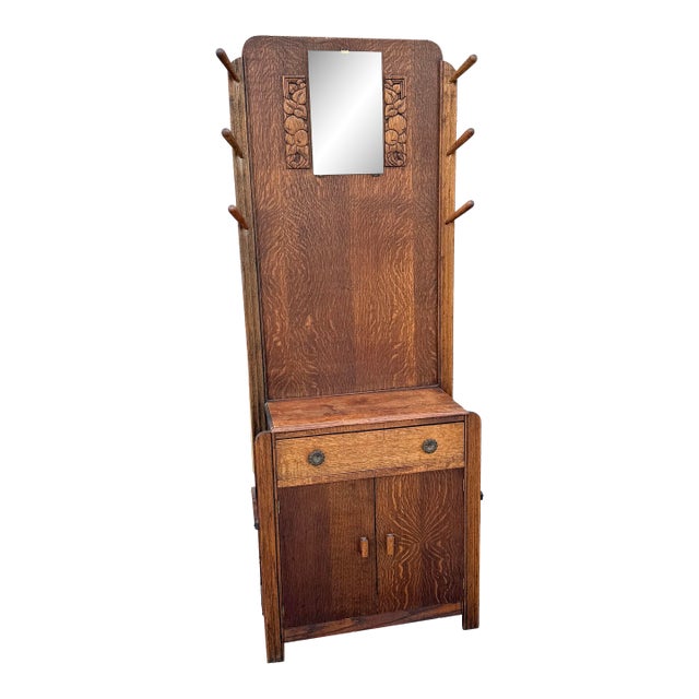 Antique Tiger Oak Hall Tree For Sale