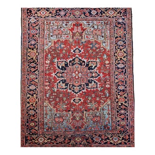 Antique Persian Heriz Serapi Rug, Hand-Knotted Wool, Geometric Pattern, Brick-Red & Blue, 5x7 For Sale