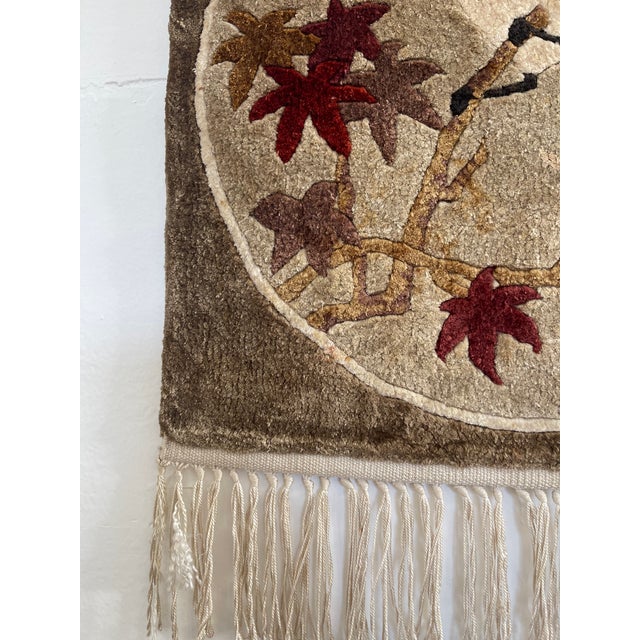 Vintage Hand-Tufted Textile Wall Hanging With Bird and Autumn Leaves Motif, Fringed Decor Panel For Sale - Image 9 of 11