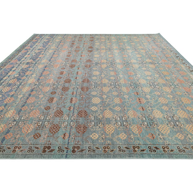 Teal Modern Tabriz Style Wool Area Rug – Faded Teal, Terracotta & Ochre Traditional For Sale - Image 8 of 13