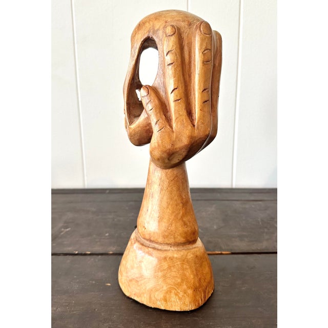 Late 20th Century Vintage Boho Hand Carved Wood Skull in Hand Sculpture For Sale - Image 4 of 7