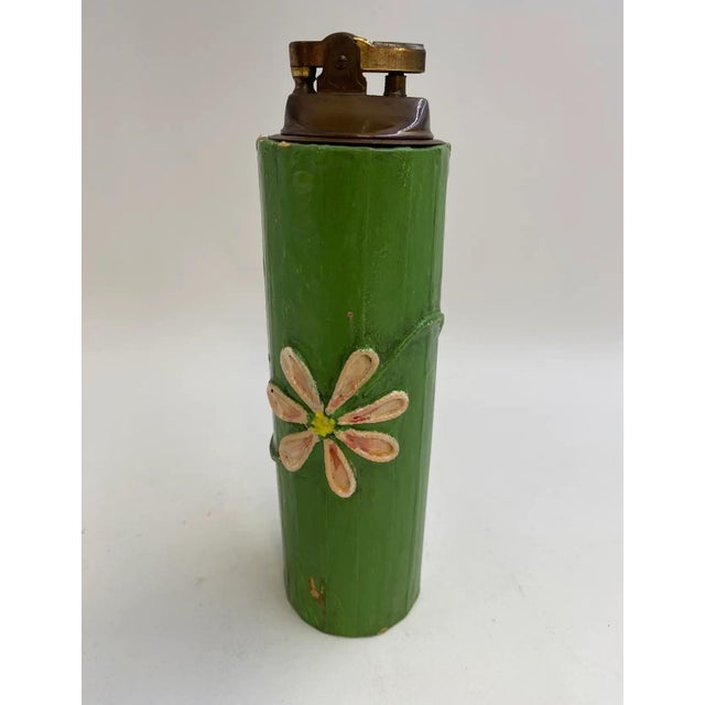Mid-Century Modern Vintage Bamboo Paper Mâché Table Lighter – Mid-Century Modern Tiki Barware With Hand-Painted Floral Design For Sale - Image 3 of 5