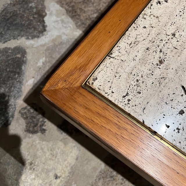 Wood 1960s Square Coffee Table Travertine & Mahogany Low Profile For Sale - Image 7 of 13
