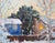 In "A New Day," a serene winter scene unfolds, showcasing a cluster of homes blanketed in snow, with a vibrant blue house...