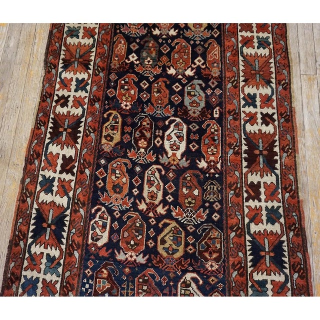 Antique Caucasian Blue Tribal Paisley Wool Hallway Runner Kazak Rug For Sale - Image 4 of 9