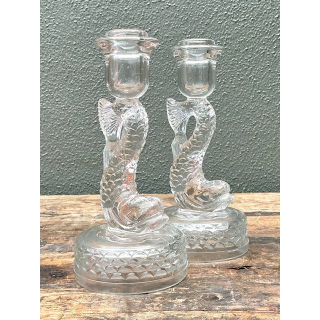 Mid 20th Century Vintage Dolphin Glass Candlesticks - A Pair For Sale - Image 5 of 12