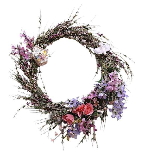 Field of Flowers Spring Summer Door Wreath 18" Crochet Feather Bird House Wall For Sale - Image 10 of 11
