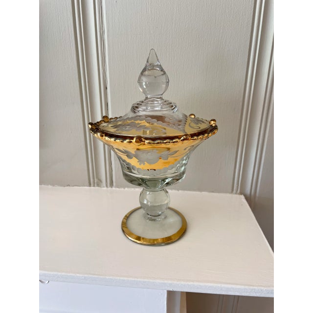 Gold Vintage "Paden City Glass" Large Etched Roses Gold Glass Compote With Lid For Sale - Image 8 of 13