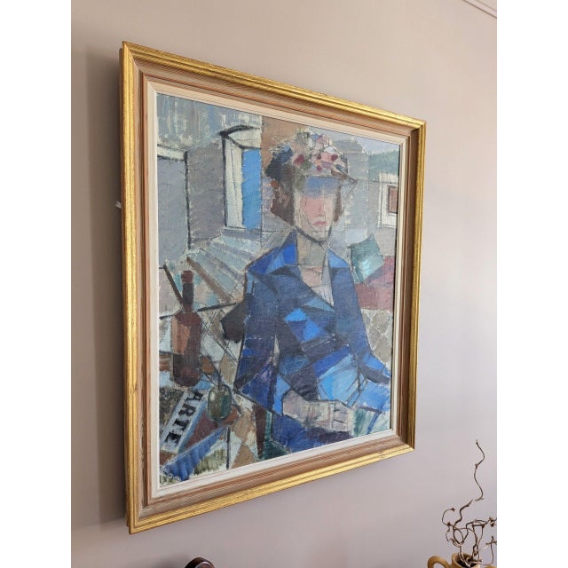 Mid-Century Modern 'Woman in a Blue Coat' Vintage Swedish Cubist Figurative Oil Painting, Framed For Sale - Image 4 of 11