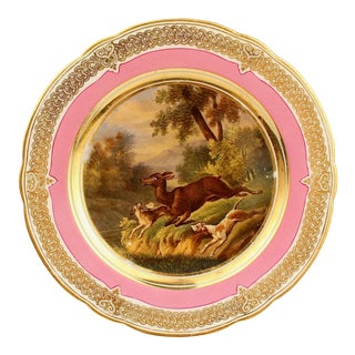 Antique 19th Century Pink Border Hand Painted Paris Porcelain Plate With Deer Hunt and Dog Scene For Sale