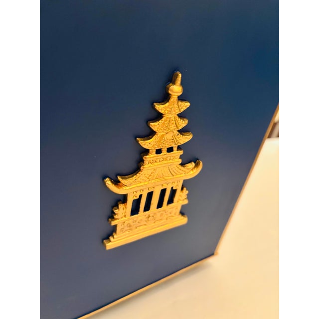 Metal Blue Pagoda Chinoiserie Waste Basket For Sale - Image 7 of 7