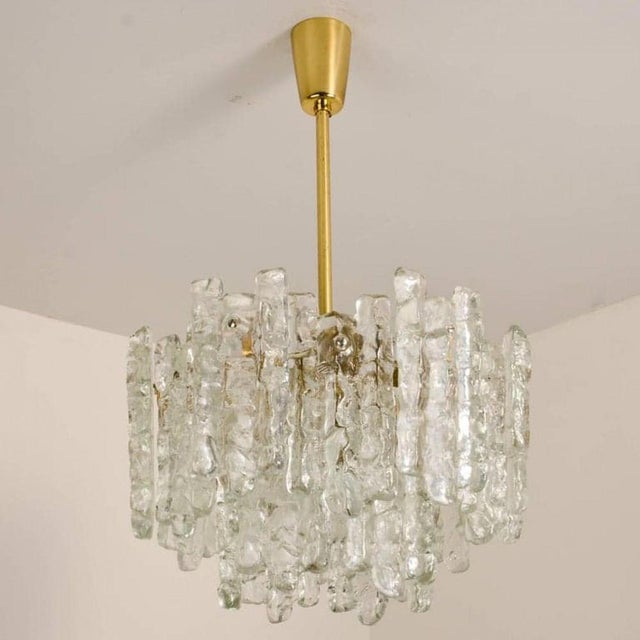 Modern Brass Two-Tiered Ice Glass Pendant Chandeliers attributed to J. T. Kalmar for Kalmar, 1970s, Set of 2 For Sale - Image 3 of 13