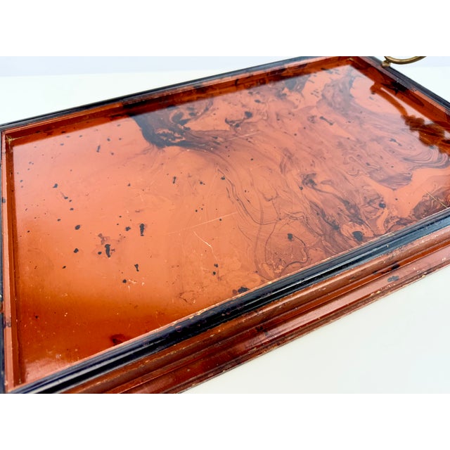 Vintage Italian Faux Tortoiseshell Lacquered Wood Serving Tray With Brass Handles For Sale - Image 11 of 13
