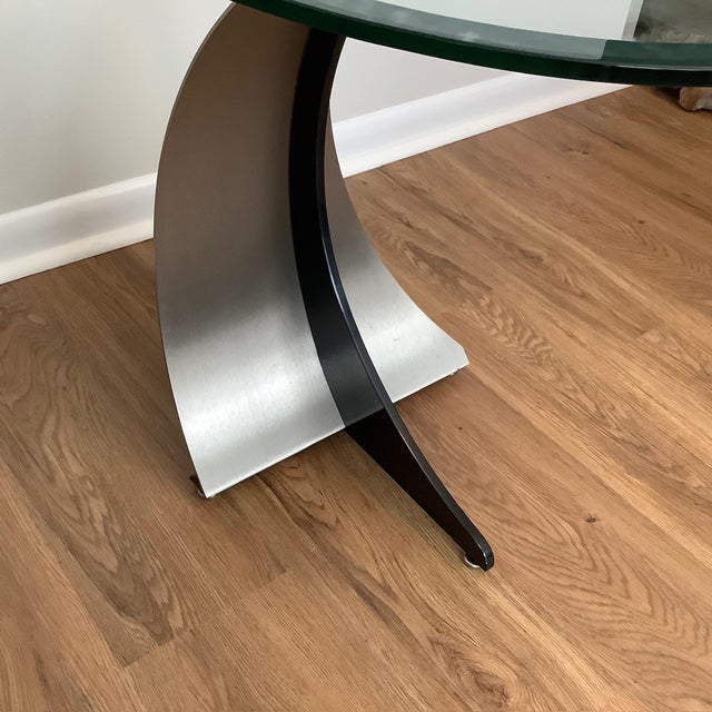 Vintage Nautical End table, Stainless steel sail, iron base resemble standard sail configurations. Oval Beveled glass top....