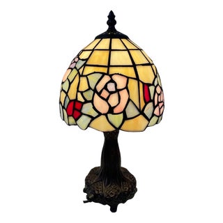 Tiffany Style Table Lamp with Stained Glass Shade and Decorative Base, 1980s For Sale