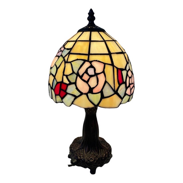 Tiffany Style Table Lamp with Stained Glass Shade and Decorative Base, 1980s For Sale