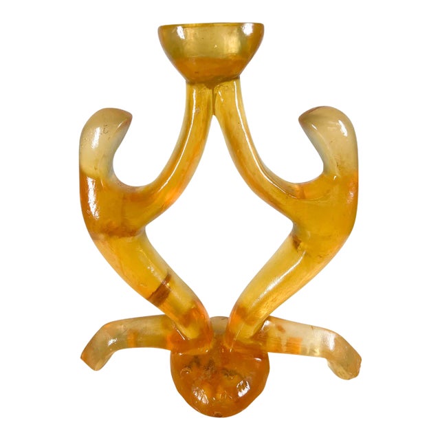 1970s Sculptural Design Modern Amber Single Candle Holder Signed For Sale