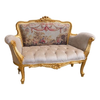 Late20C French Artisan LouisXVI Gold Beige Velvet Settee-1Pc For Sale