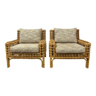 Handmade Indonesian Reed Rattan Club Chairs- a Pair For Sale
