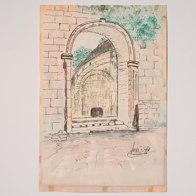 Vintage Signed Architectural Archway Ink and Watercolor Illustration on Paper by Artist Jorge Dunn For Sale - Image 4 of 12