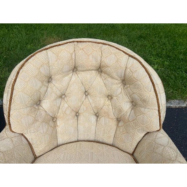 Pair of Tufted Button Back Swivel Chairs in a Cream Color With Brown Piping For Sale - Image 14 of 18