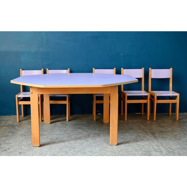 Vintage Octagonal Children's Table & Chairs in Beech and Lilac Formica, 1970s, Set of 6 For Sale - Image 13 of 18