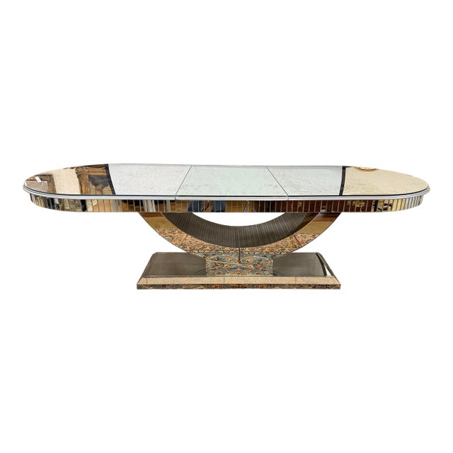 Custom Art Deco Oval Mirrored Pedestal Dining Table For Sale