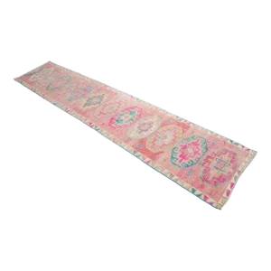 1970s Vintage Hand Knotted Runner Tribal Muted Color Turkish Rug - 2′7″ × 12′11″