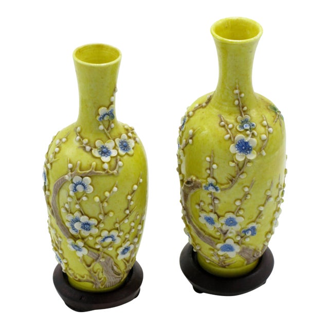 Antique Pair of Chinese Yellow Ground Porcelain Miniature Vases - a Pair For Sale