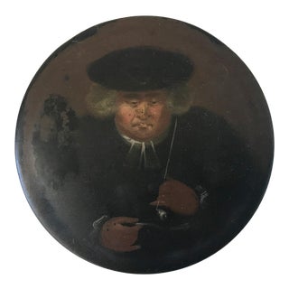 Antique French Revolutionary Papier Mache Round Tobacco Snuff Box With Portrait of a Priest Smoking a Pipe For Sale