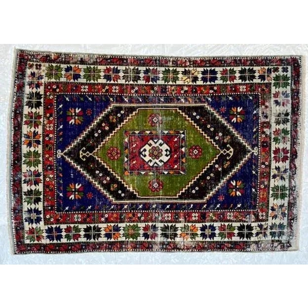 Wool pile genuine handmade vintage distressed Turkish rug -