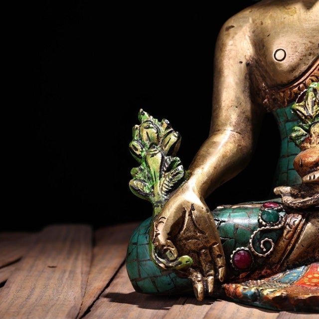 Metal Late 20th Century Tibetan Style Gilt Bronze Medicine Buddha Statue With Turquoise Inlay For Sale - Image 7 of 9