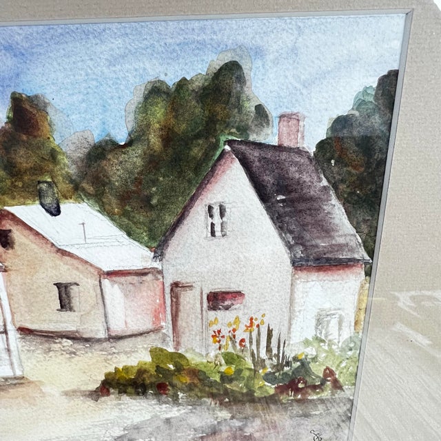 Contemporary Rustic European Cottage Village Landscape Watercolor Painting Framed Art - Signed by Unknown ARtist For Sale - Image 9 of 12