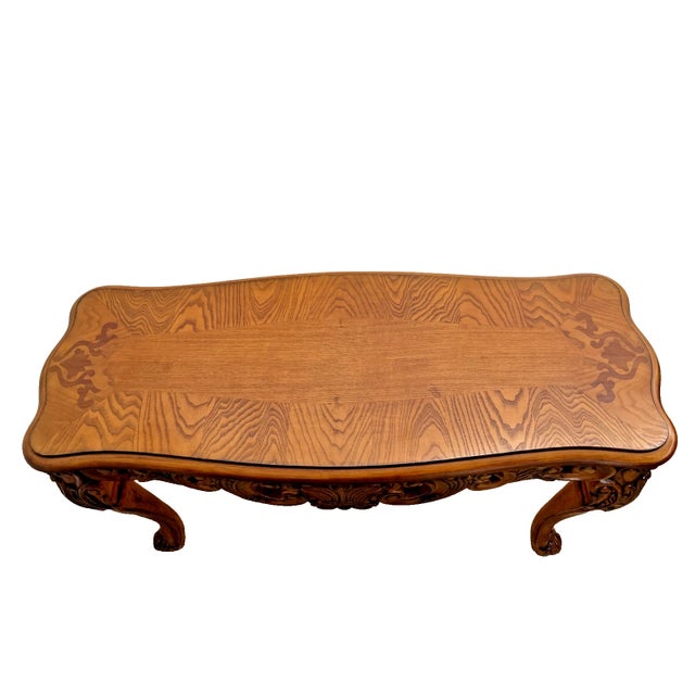 Brown 1990s Vintage Sofa Table Console French Style Ornate Side Carvings Oak Inlays For Sale - Image 8 of 12