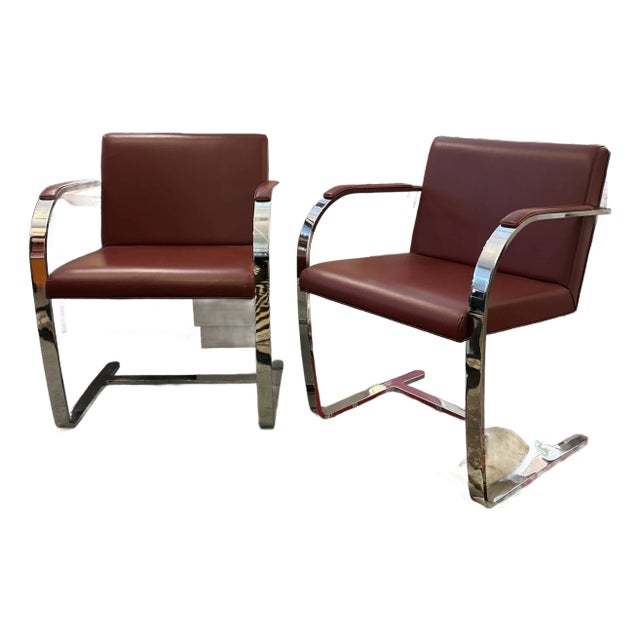 Maroon Leather and Flat Bar Polished Steel Knoll Brno Chairs a Pair For Sale