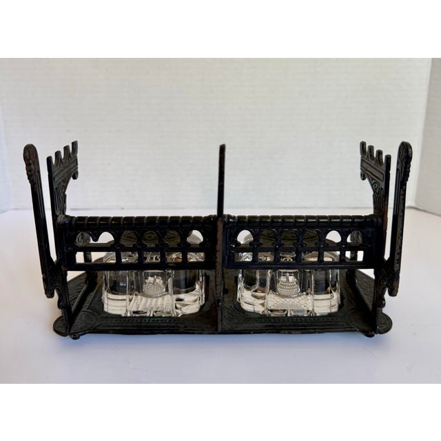 Antique 1879 Patent Double Inkwell With Cast Metal Stand, Pen Rests and Crystal Glass Ink Pots For Sale - Image 11 of 15