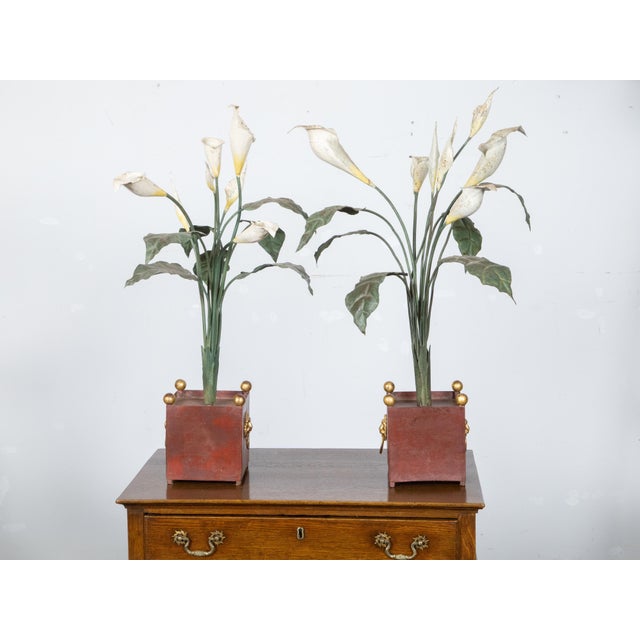 Pair of Italian 1930s Tôle Calla Lillies Sculptures in Red and Gold Containers For Sale - Image 10 of 12