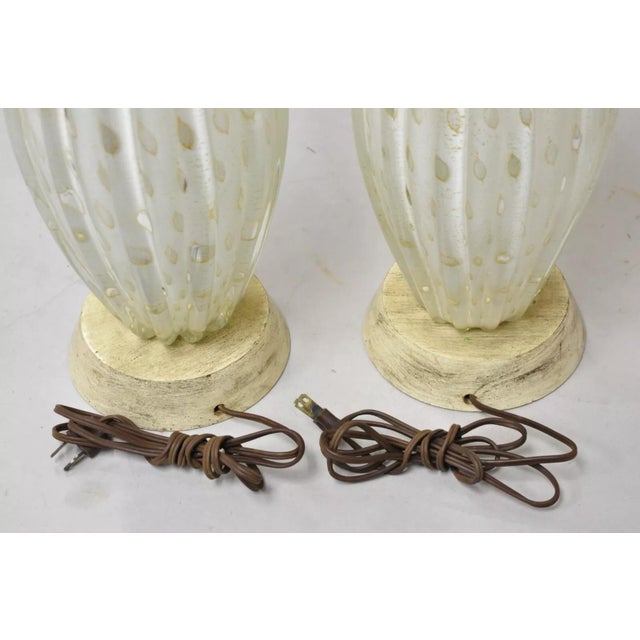 Vintage Murano Italy Camer Glass Gold Flecks White Sinuous Table Lamps - A Pair For Sale - Image 10 of 12