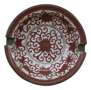 Mid 20th Century Chinese Cloisonne Red & White Crysthanamum Cigarette Cigar Ashtray Dish 5"