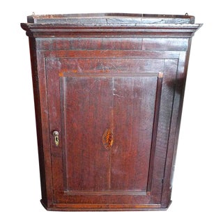 English 18th Century Oak Corner Wall Cabinet With Small Inlay and Two Shelves For Sale