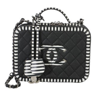 Black Quilted Caviar Striped Medium CC Filigree Vanity Case For Sale