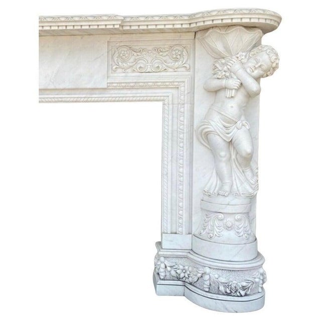 Hand Carved Marble Fireplace with Children Statues For Sale - Image 3 of 5