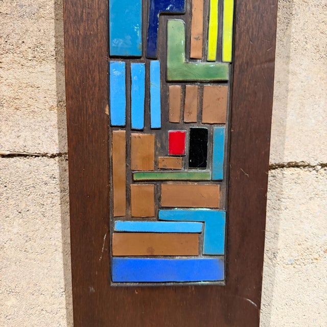 Paint 1970s Vertical Wooden Wall Art Colorful Geometric Enamel Copper Inlay For Sale - Image 7 of 10