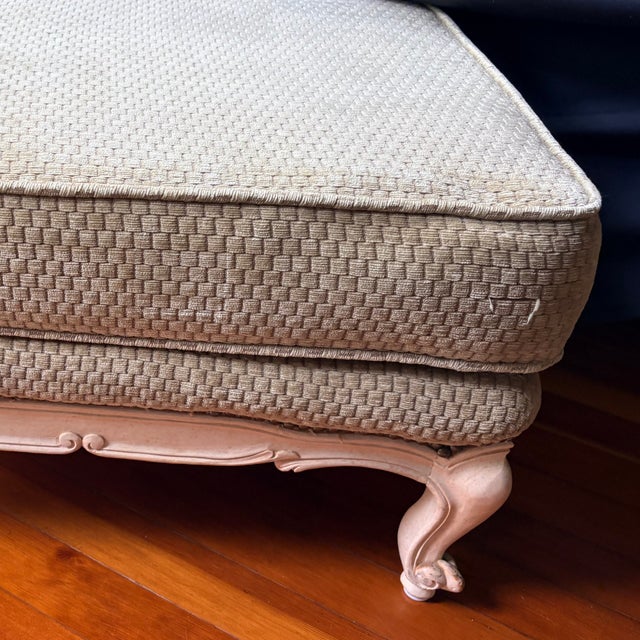 French Provincial Late 20th Century Large Louis XV Style French Provincial Carved Ottoman, Cream Painted Cabriole Frame, Neutral Woven Basketweave Upholstery For Sale - Image 3 of 13