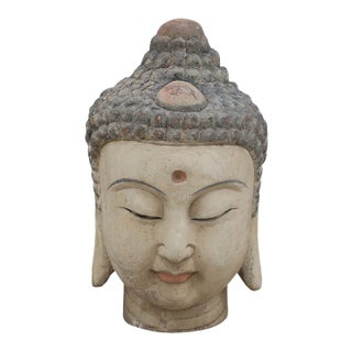 Vintage Chinese Painted Wood Buddha Head For Sale