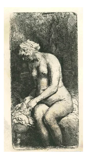 After Rembrandt, Seated Woman Holding Her Shirt, Etching, 19th Century