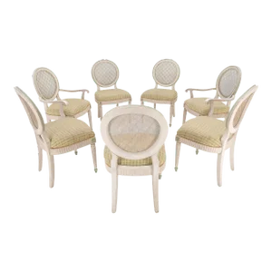 Swedish White Wash Paint Decorated Oval Cane Backs Dining Chairs - Set of 7