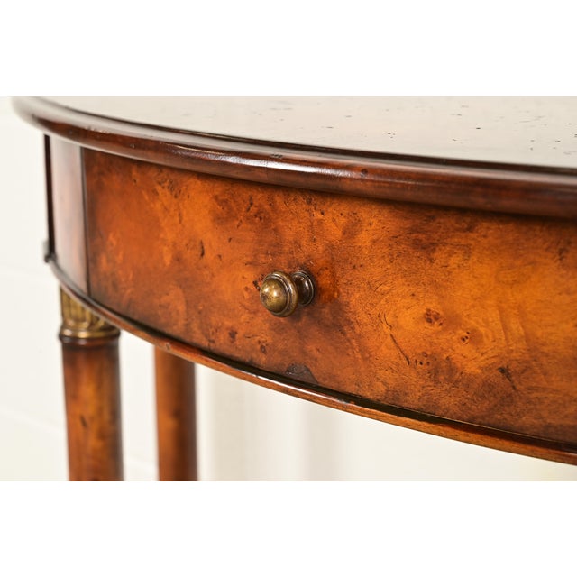 Wood Maitland Smith Style French Empire Burl Wood and Gold Gilt Demilune Console Table For Sale - Image 7 of 15