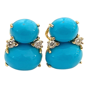 Christina Addison Large Gum Drop Earrings With Cabochon Turquoise and Diamonds